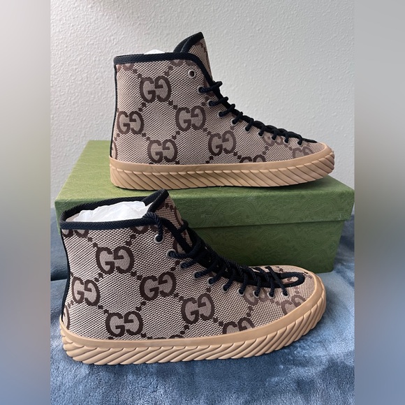BRAND NEW Gucci GG Maxi Canvas High Top Sneaker Beige Ebony Men Size 11 US 11.5 - Picture 2 of 8